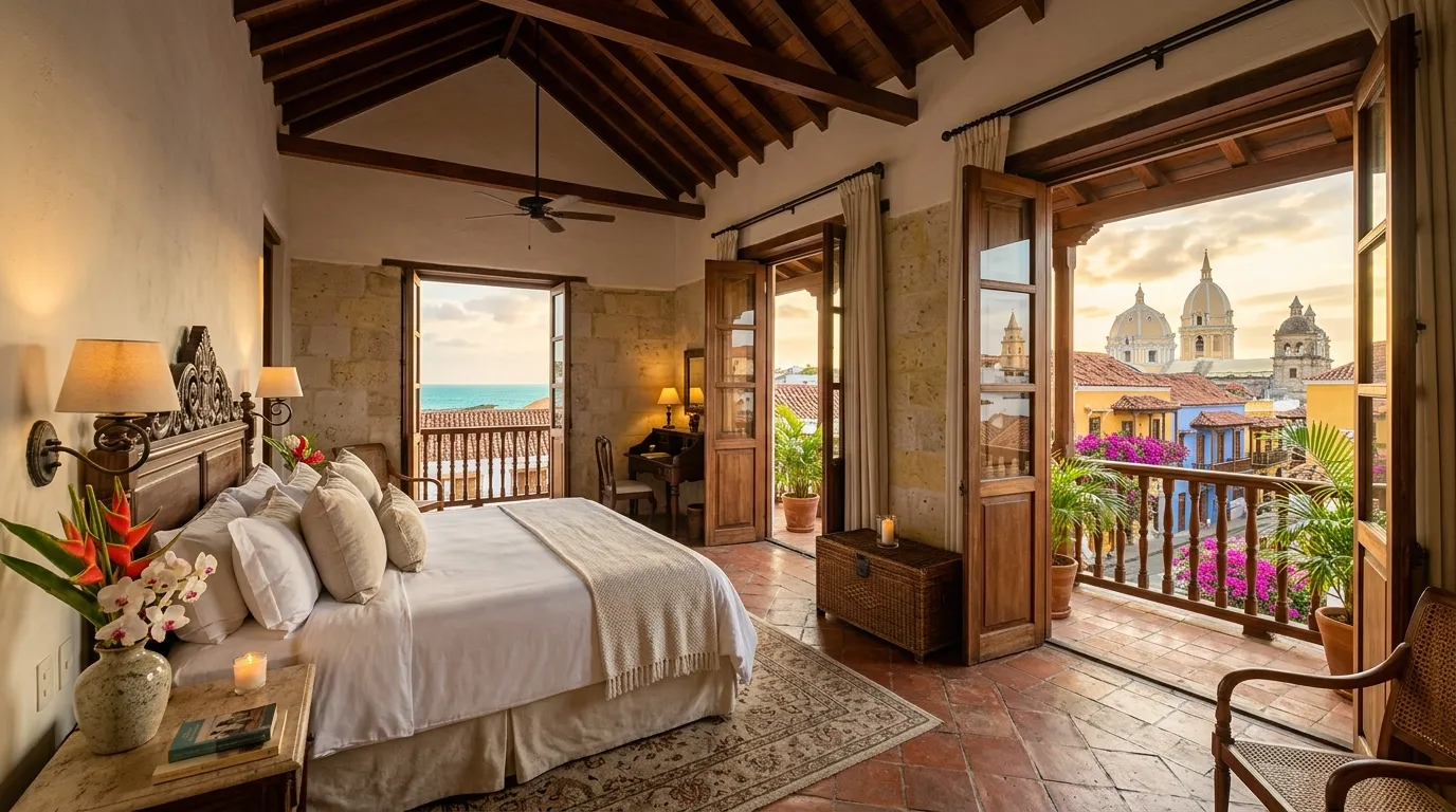 Suite colonial con balcón hacia la Ciudad Amurallada de Cartagena y el mar