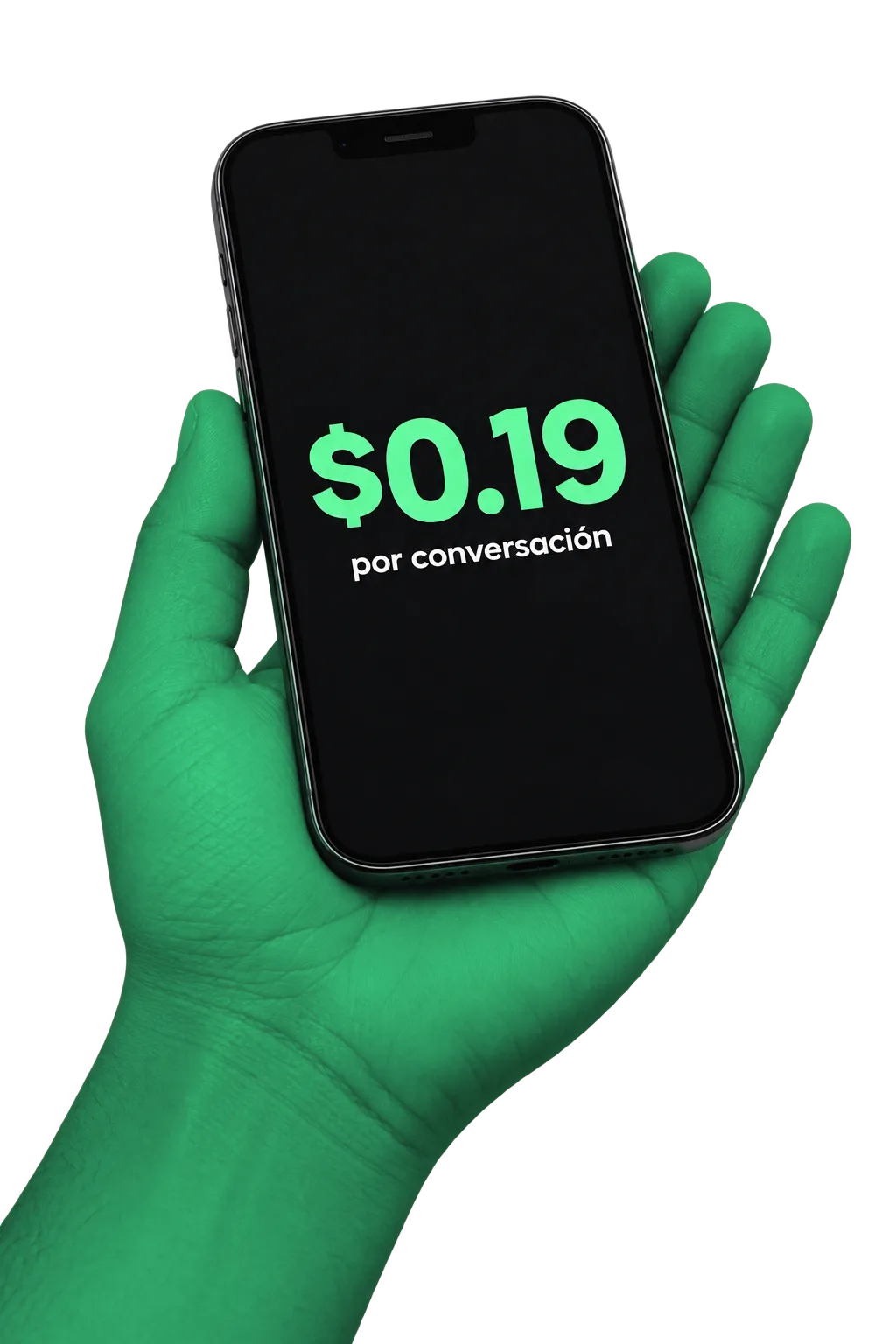 Mano con un teléfono que muestra $0.19 por conversación